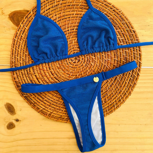 conjunto biquíni Cortininha fita bronze tecido anarruga