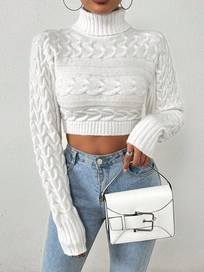Glyssa Suéter Cropped de Gola Alta Feminino, Blusas de Manga Longa Tricô Pulôver Outono Inverno