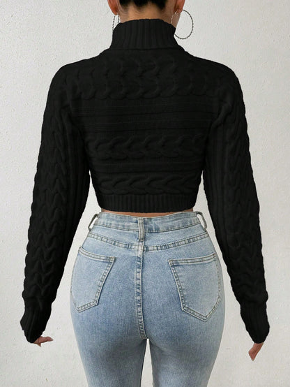 Glyssa Suéter Cropped de Gola Alta Feminino, Blusas de Manga Longa Tricô Pulôver Outono Inverno