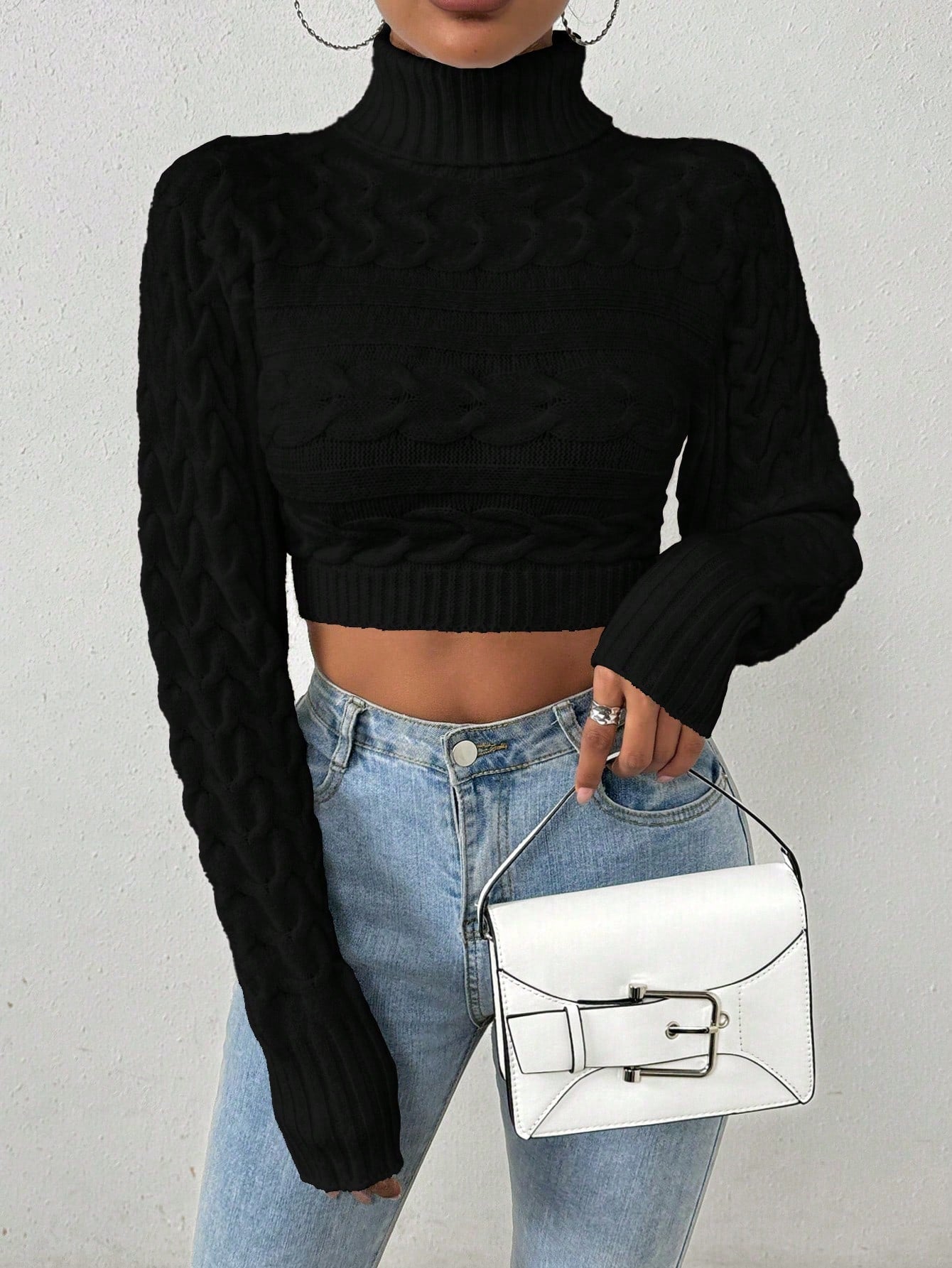 Glyssa Suéter Cropped de Gola Alta Feminino, Blusas de Manga Longa Tricô Pulôver Outono Inverno