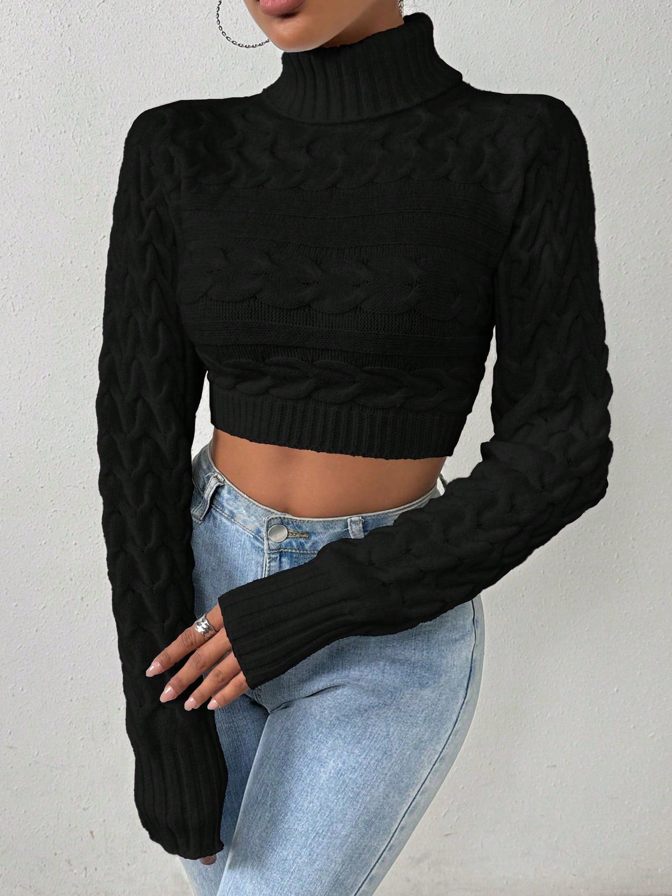 Glyssa Suéter Cropped de Gola Alta Feminino, Blusas de Manga Longa Tricô Pulôver Outono Inverno