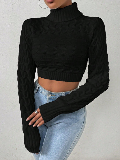 Glyssa Suéter Cropped de Gola Alta Feminino, Blusas de Manga Longa Tricô Pulôver Outono Inverno