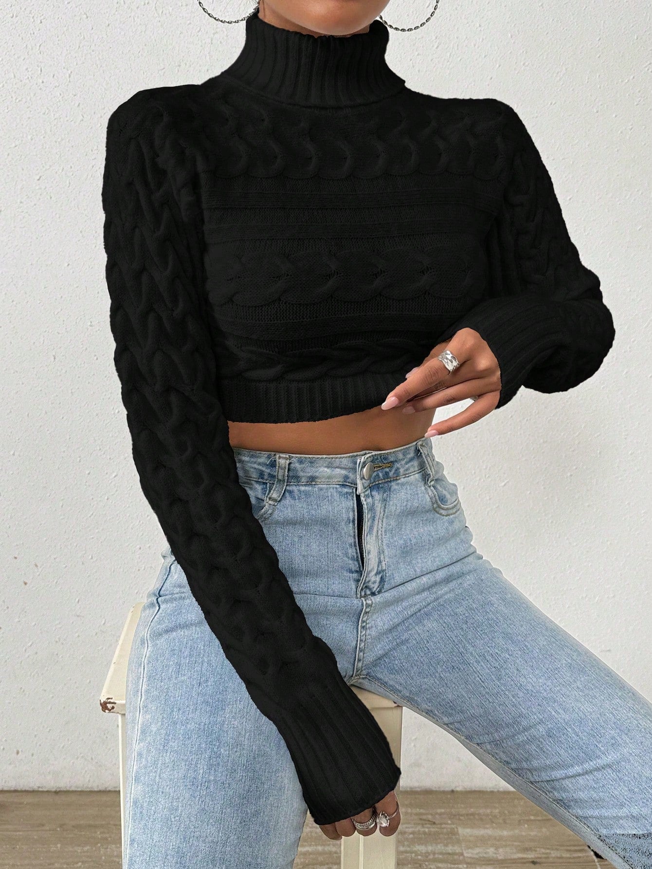 Glyssa Suéter Cropped de Gola Alta Feminino, Blusas de Manga Longa Tricô Pulôver Outono Inverno