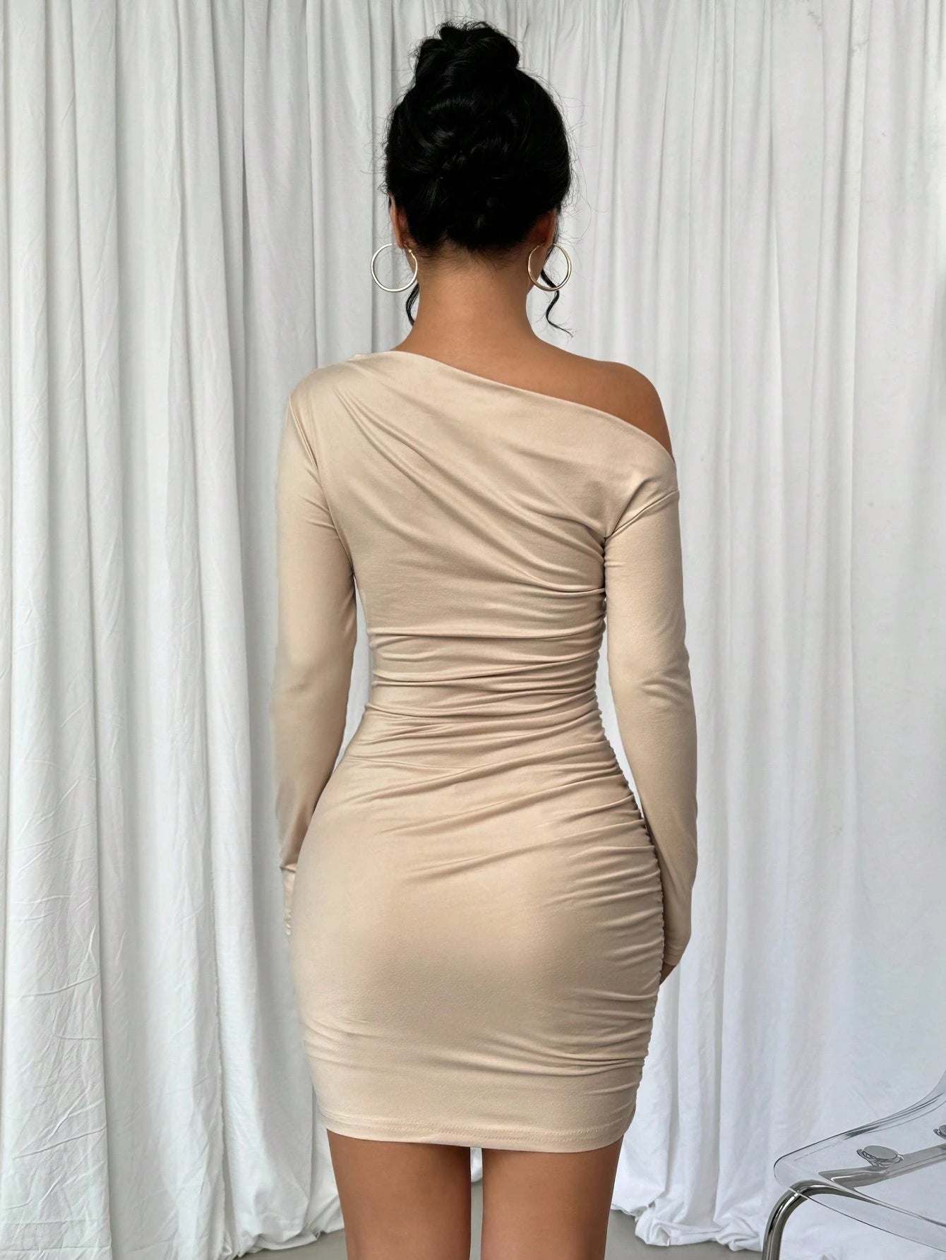 Elenzga Vestido Longo de Manga Longa Assimétrico Franzido de Cor Sólida para Mulheres