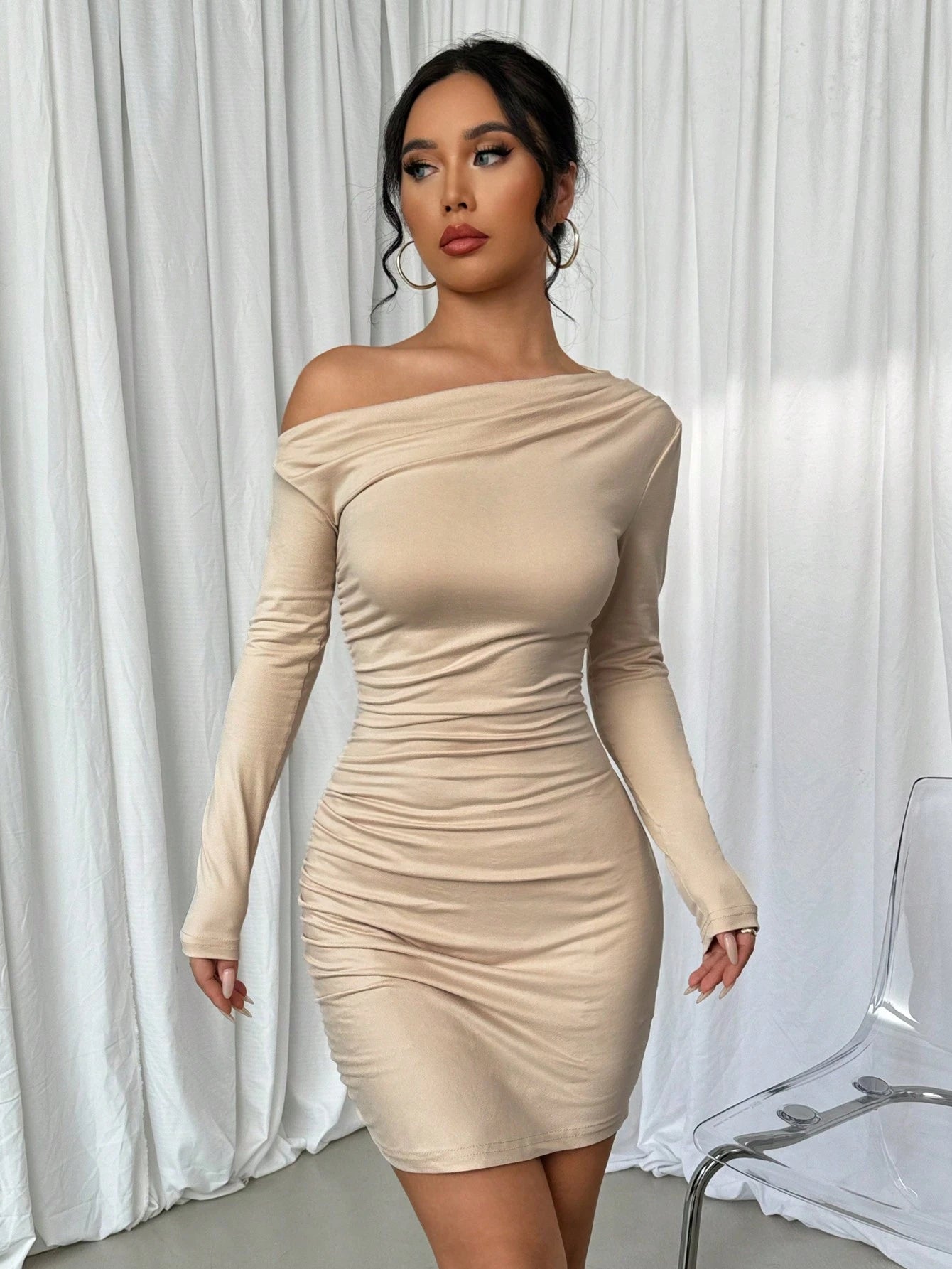 Elenzga Vestido Longo de Manga Longa Assimétrico Franzido de Cor Sólida para Mulheres