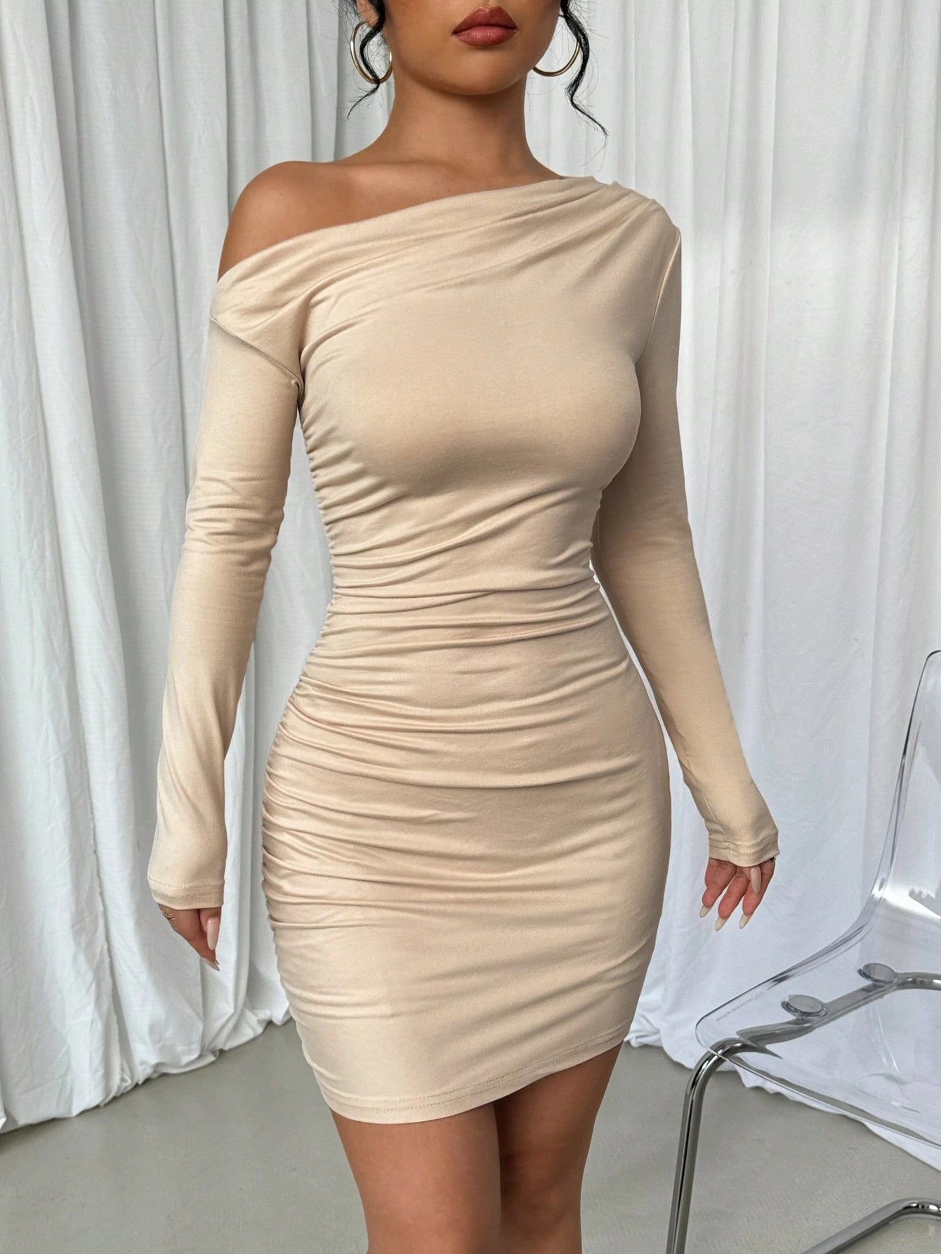 Elenzga Vestido Longo de Manga Longa Assimétrico Franzido de Cor Sólida para Mulheres