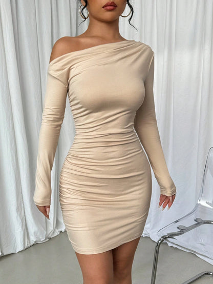 Elenzga Vestido Longo de Manga Longa Assimétrico Franzido de Cor Sólida para Mulheres