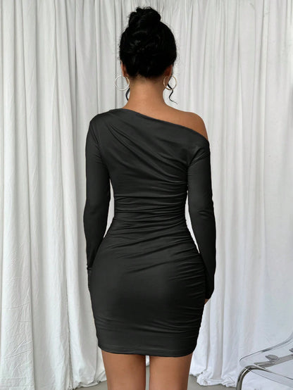 Elenzga Vestido Longo de Manga Longa Assimétrico Franzido de Cor Sólida para Mulheres
