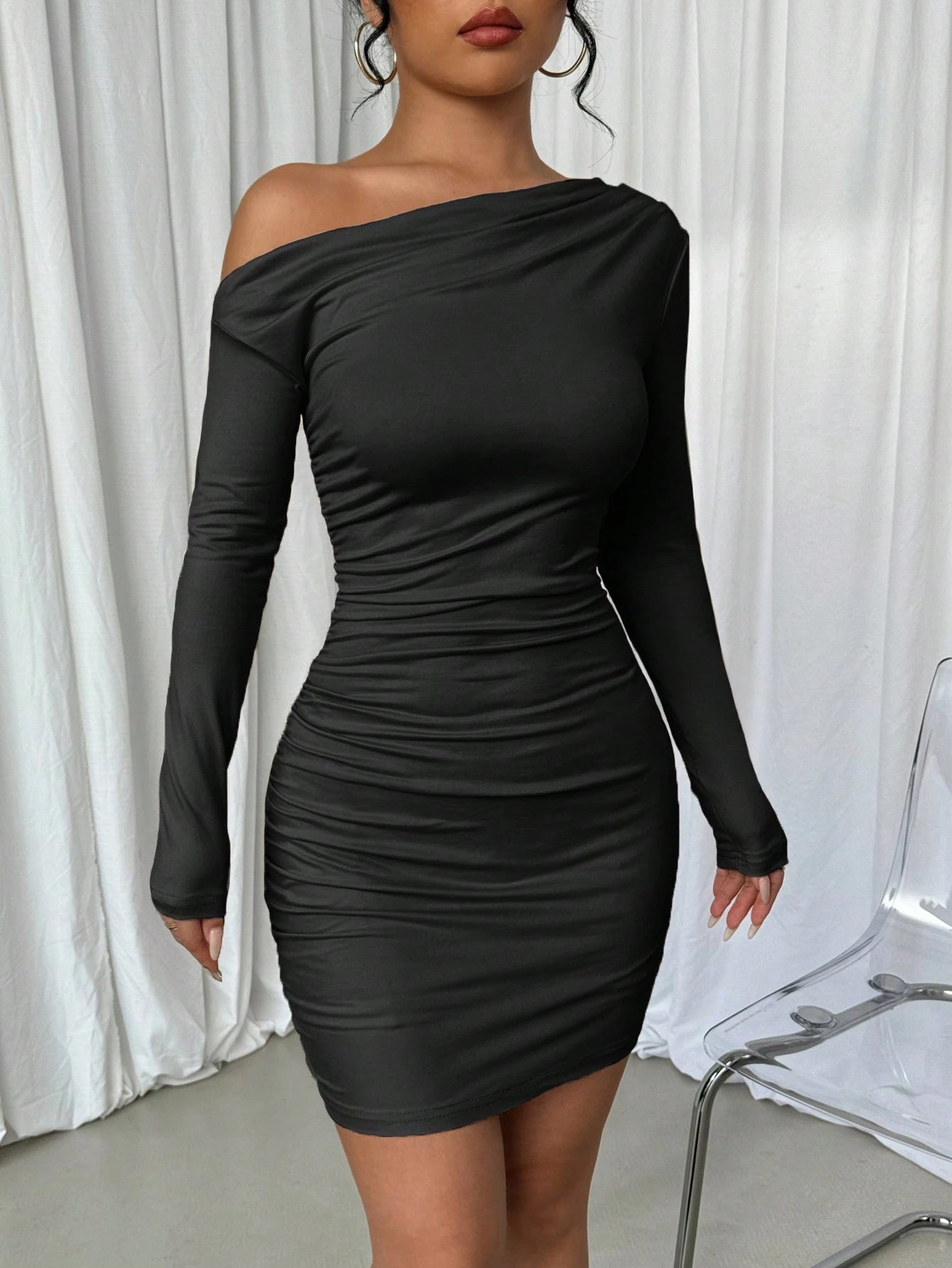 Elenzga Vestido Longo de Manga Longa Assimétrico Franzido de Cor Sólida para Mulheres