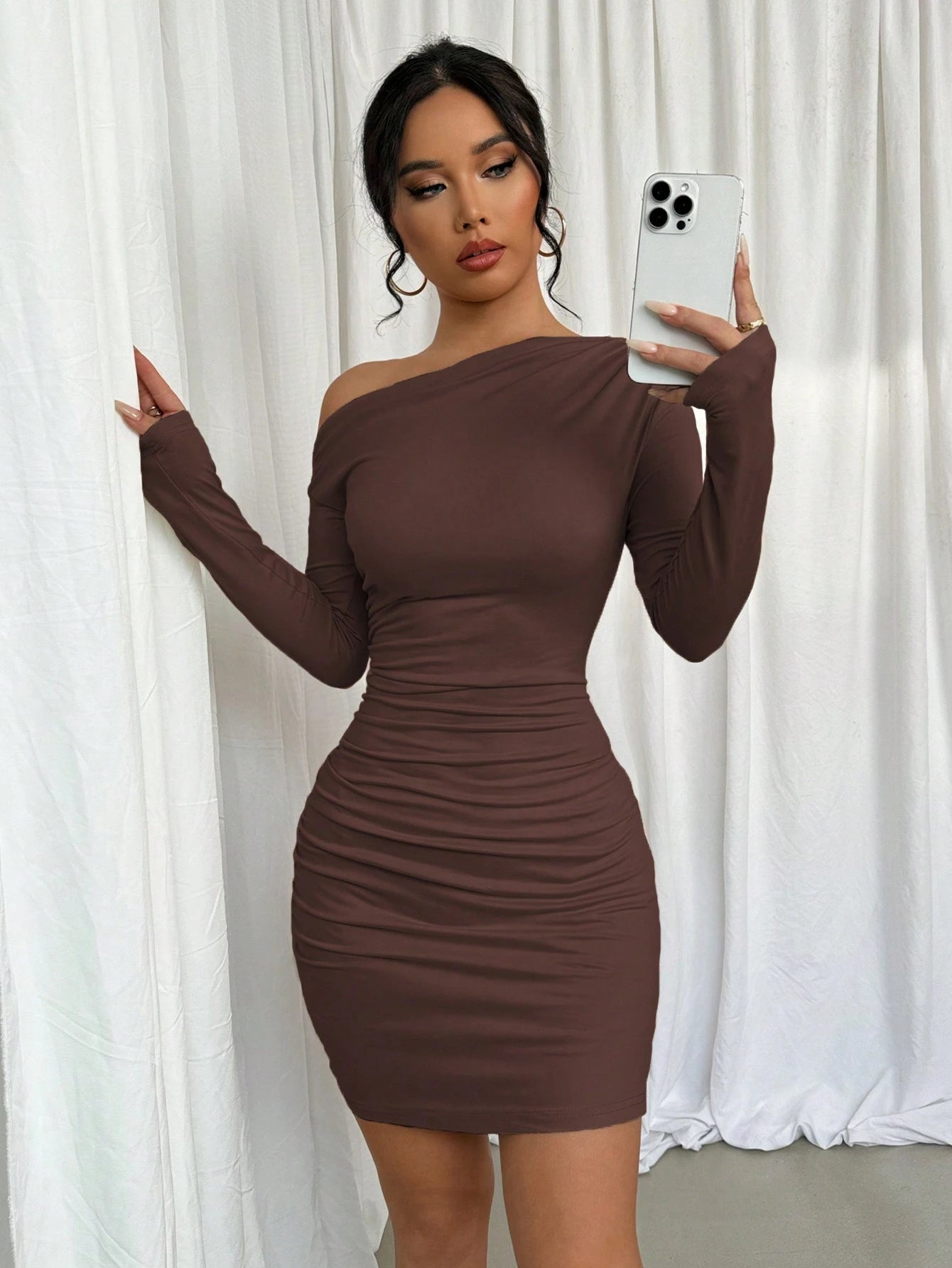 Elenzga Vestido Longo de Manga Longa Assimétrico Franzido de Cor Sólida para Mulheres