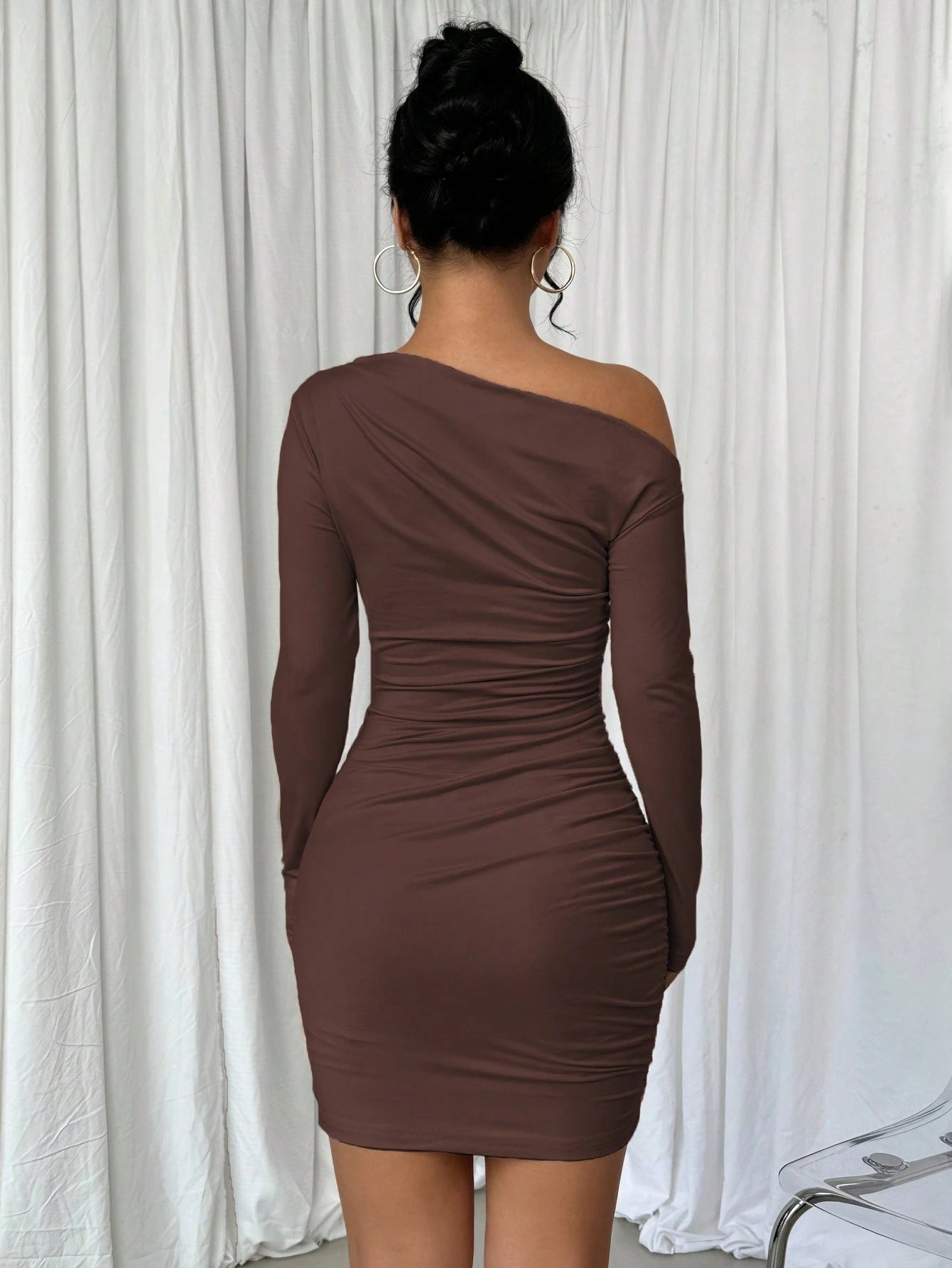 Elenzga Vestido Longo de Manga Longa Assimétrico Franzido de Cor Sólida para Mulheres