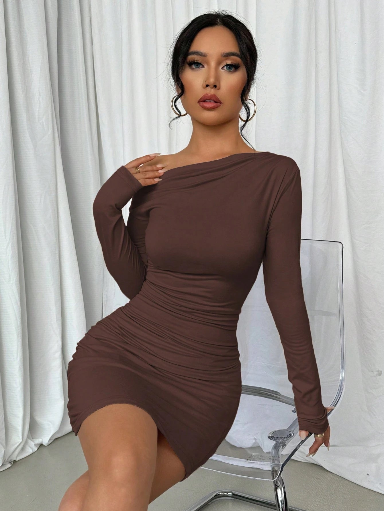 Elenzga Vestido Longo de Manga Longa Assimétrico Franzido de Cor Sólida para Mulheres