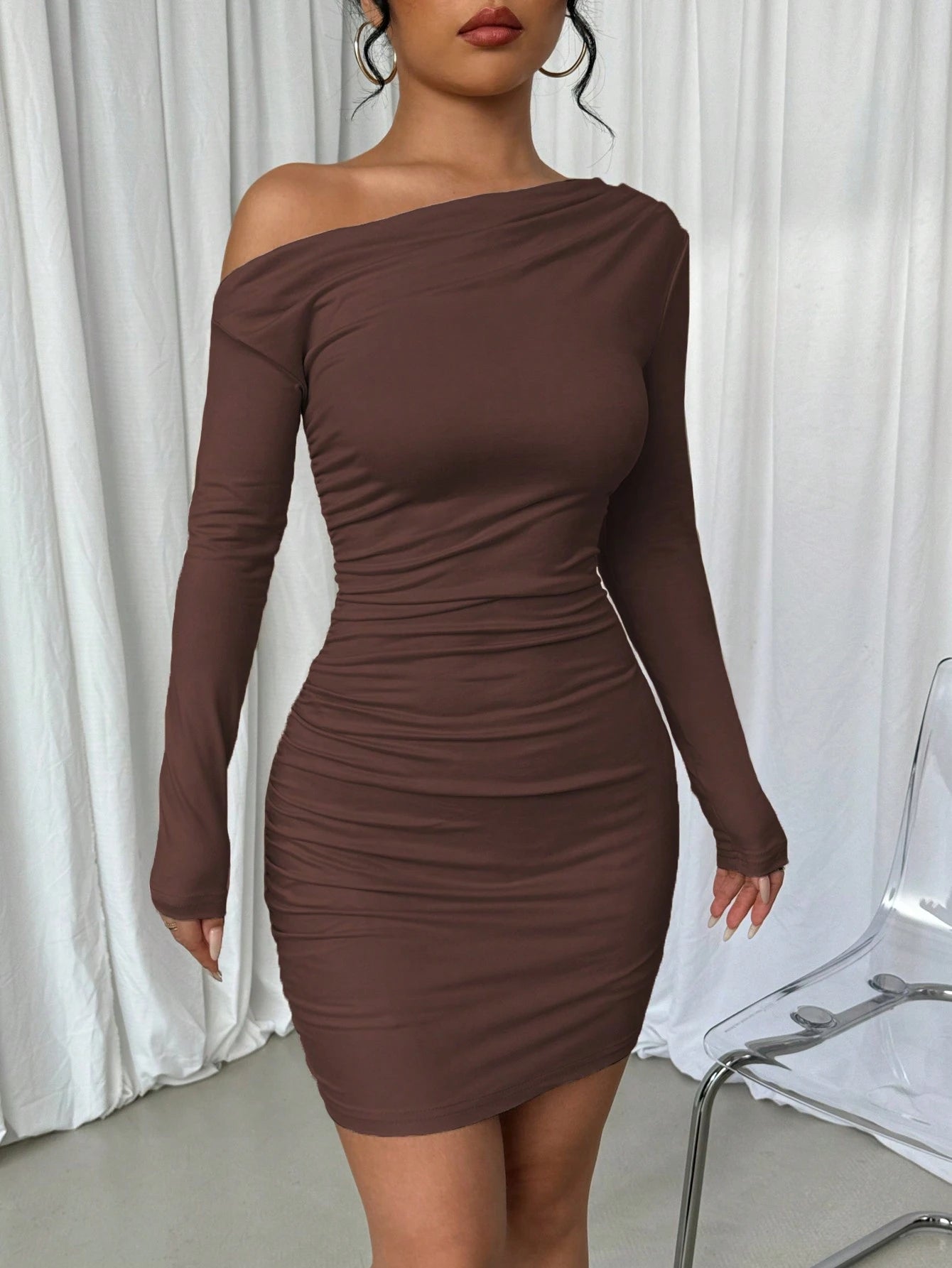 Elenzga Vestido Longo de Manga Longa Assimétrico Franzido de Cor Sólida para Mulheres