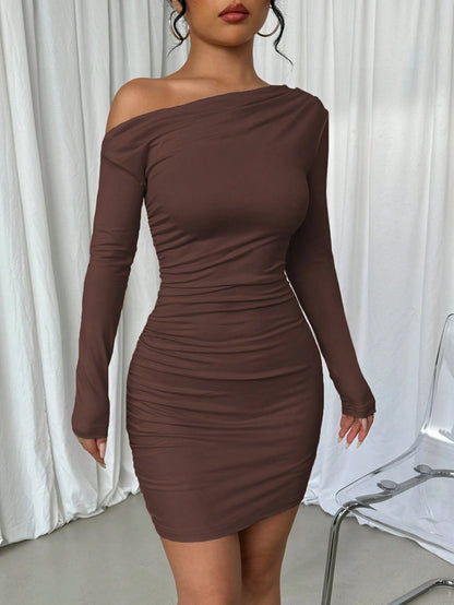 Elenzga Vestido Longo de Manga Longa Assimétrico Franzido de Cor Sólida para Mulheres