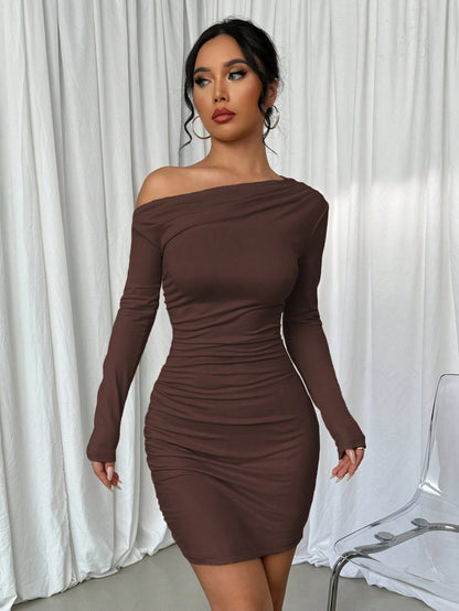 Elenzga Vestido Longo de Manga Longa Assimétrico Franzido de Cor Sólida para Mulheres