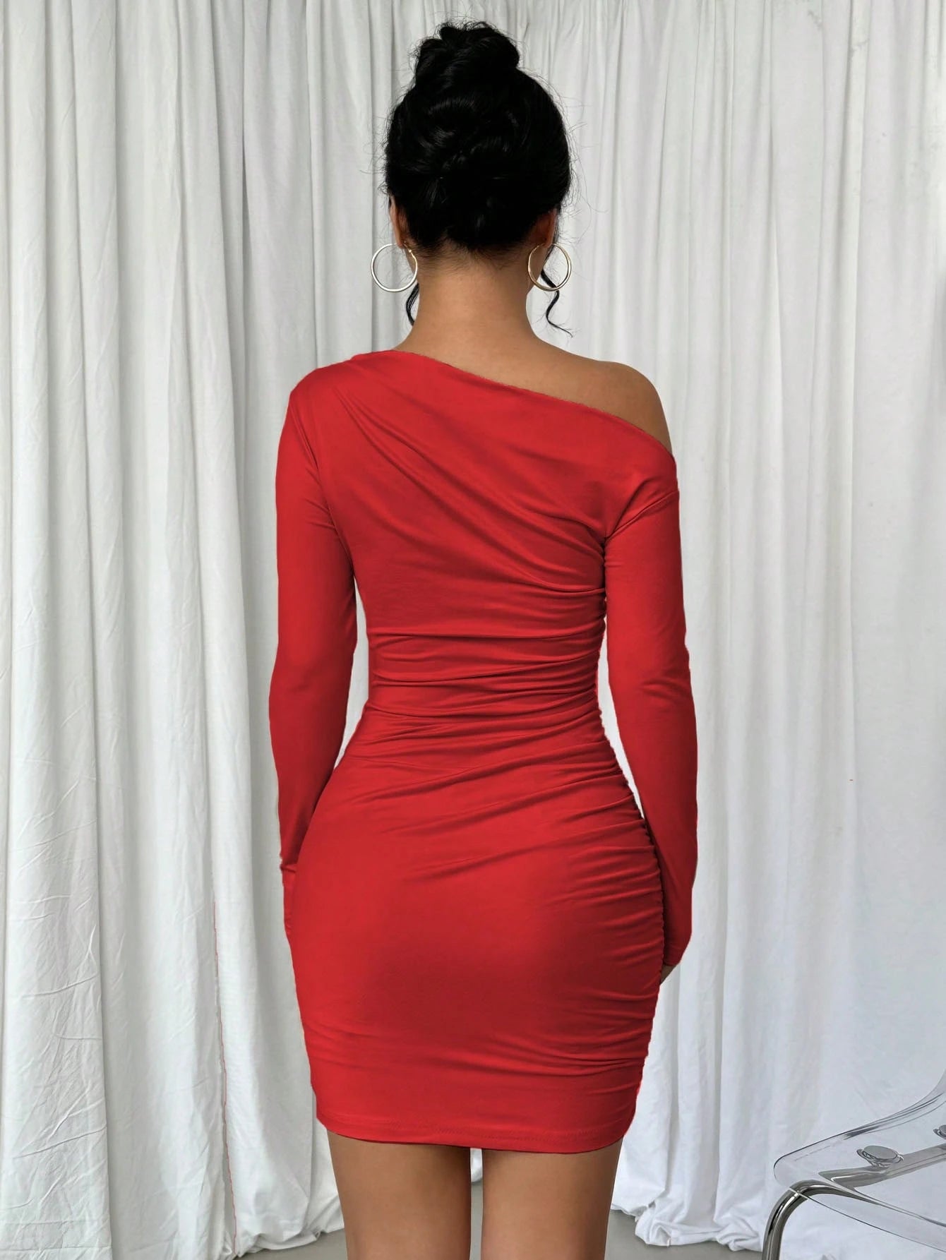 Elenzga Vestido Longo de Manga Longa Assimétrico Franzido de Cor Sólida para Mulheres