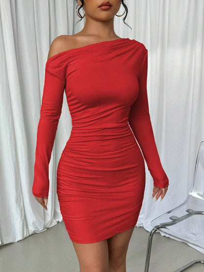 Elenzga Vestido Longo de Manga Longa Assimétrico Franzido de Cor Sólida para Mulheres