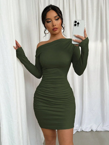 Elenzga Vestido Longo de Manga Longa Assimétrico Franzido de Cor Sólida para Mulheres