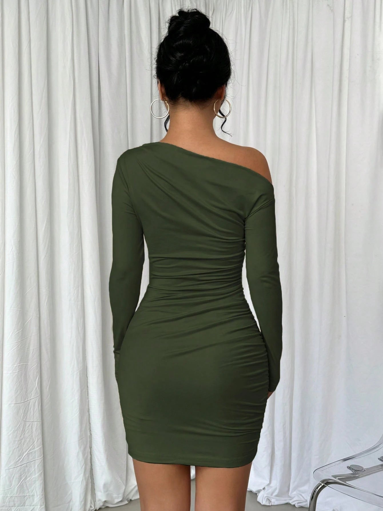 Elenzga Vestido Longo de Manga Longa Assimétrico Franzido de Cor Sólida para Mulheres
