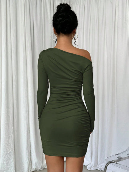 Elenzga Vestido Longo de Manga Longa Assimétrico Franzido de Cor Sólida para Mulheres