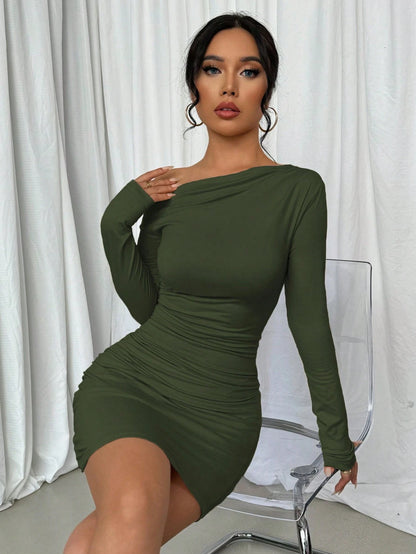 Elenzga Vestido Longo de Manga Longa Assimétrico Franzido de Cor Sólida para Mulheres