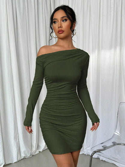 Elenzga Vestido Longo de Manga Longa Assimétrico Franzido de Cor Sólida para Mulheres