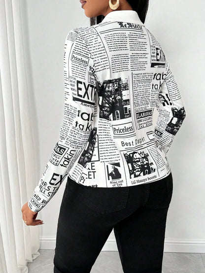 SHEIN LUNE Camisa Ajustada Estampada com Impressão de Jornal para Mulheres