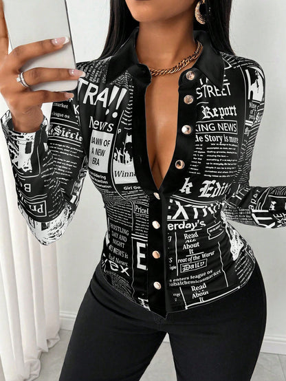 SHEIN LUNE Camisa Ajustada Estampada com Impressão de Jornal para Mulheres