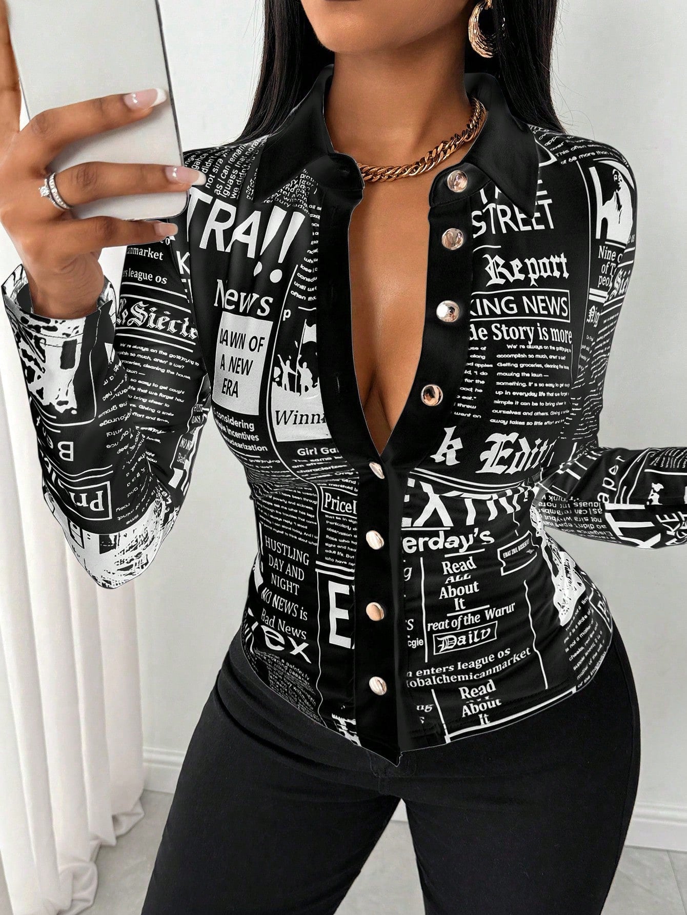 SHEIN LUNE Camisa Ajustada Estampada com Impressão de Jornal para Mulheres