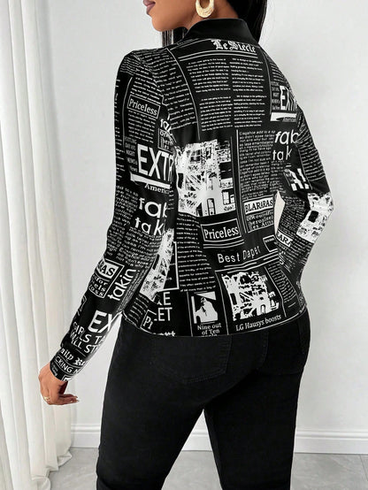 SHEIN LUNE Camisa Ajustada Estampada com Impressão de Jornal para Mulheres
