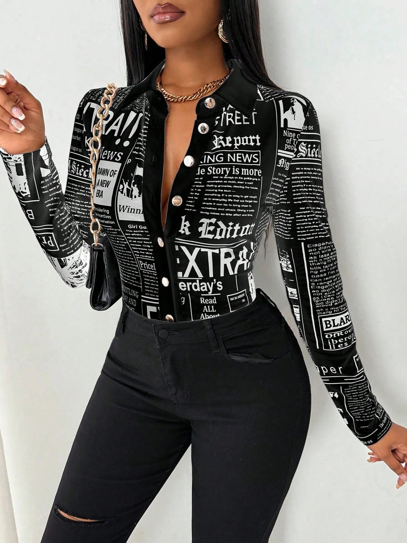 SHEIN LUNE Camisa Ajustada Estampada com Impressão de Jornal para Mulheres