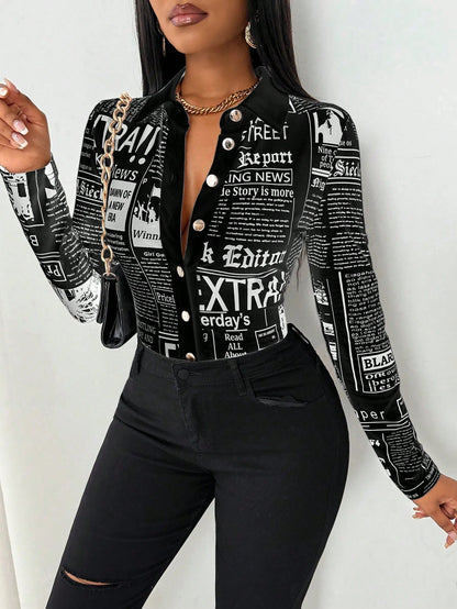 SHEIN LUNE Camisa Ajustada Estampada com Impressão de Jornal para Mulheres