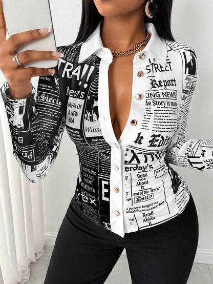 SHEIN LUNE Camisa Ajustada Estampada com Impressão de Jornal para Mulheres