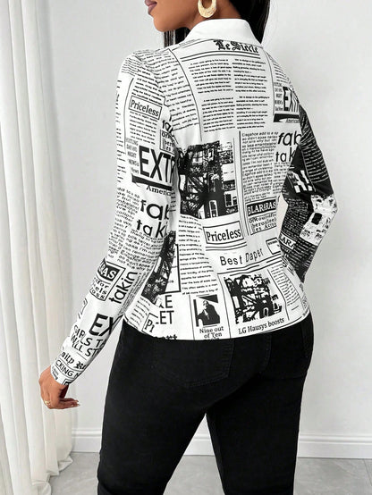 SHEIN LUNE Camisa Ajustada Estampada com Impressão de Jornal para Mulheres