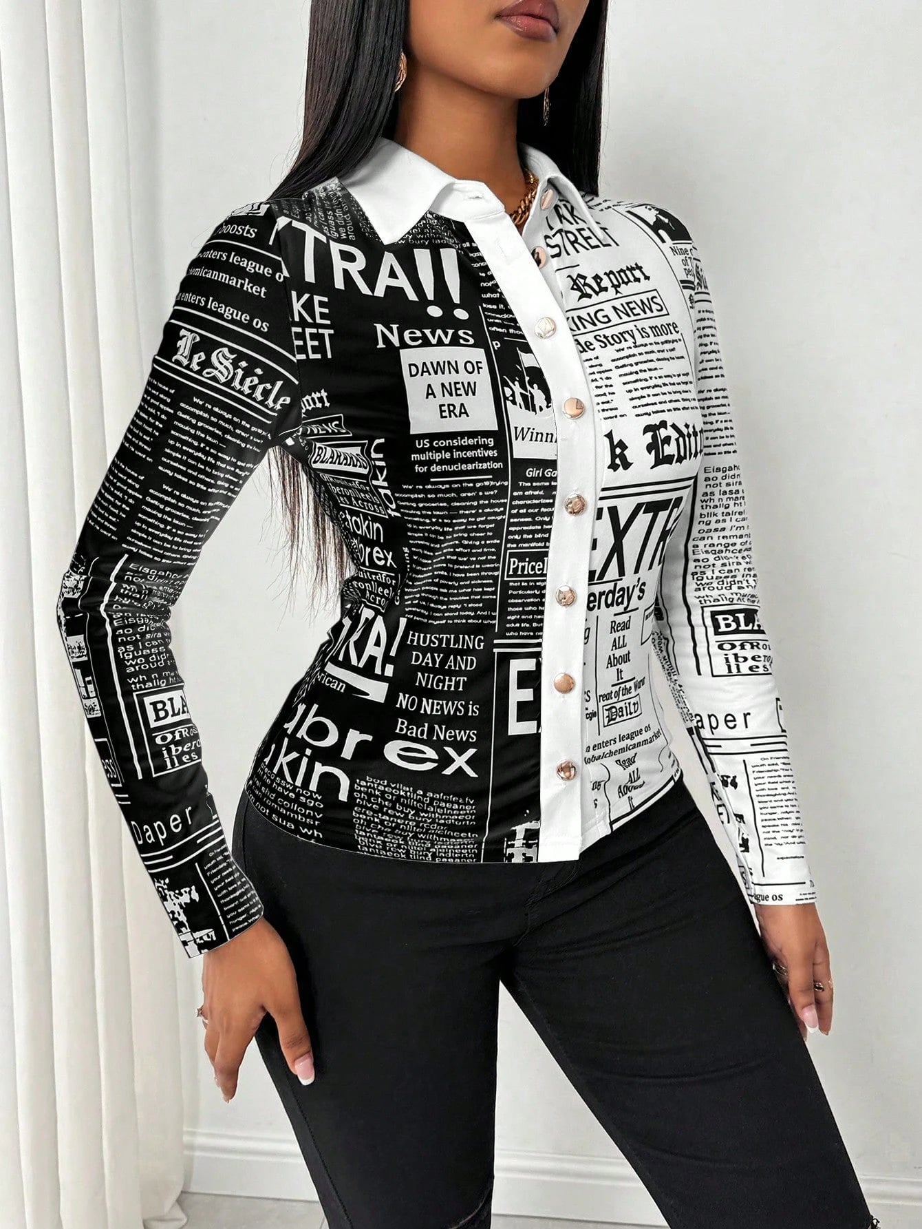 SHEIN LUNE Camisa Ajustada Estampada com Impressão de Jornal para Mulheres