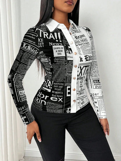 SHEIN LUNE Camisa Ajustada Estampada com Impressão de Jornal para Mulheres
