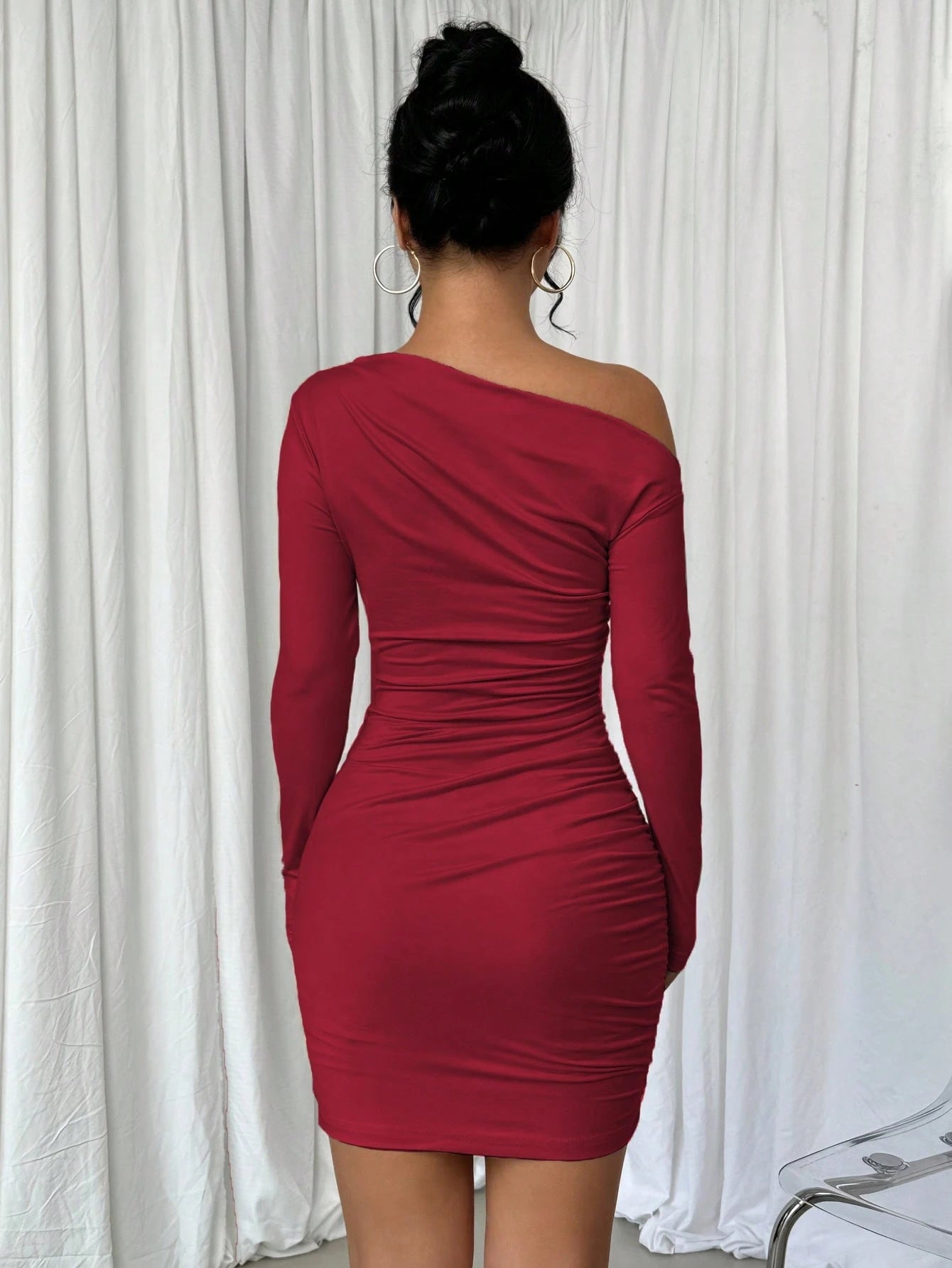Elenzga Vestido Longo de Manga Longa Assimétrico Franzido de Cor Sólida para Mulheres