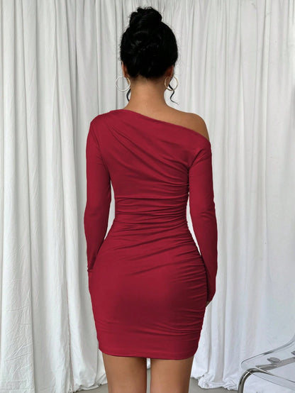 Elenzga Vestido Longo de Manga Longa Assimétrico Franzido de Cor Sólida para Mulheres