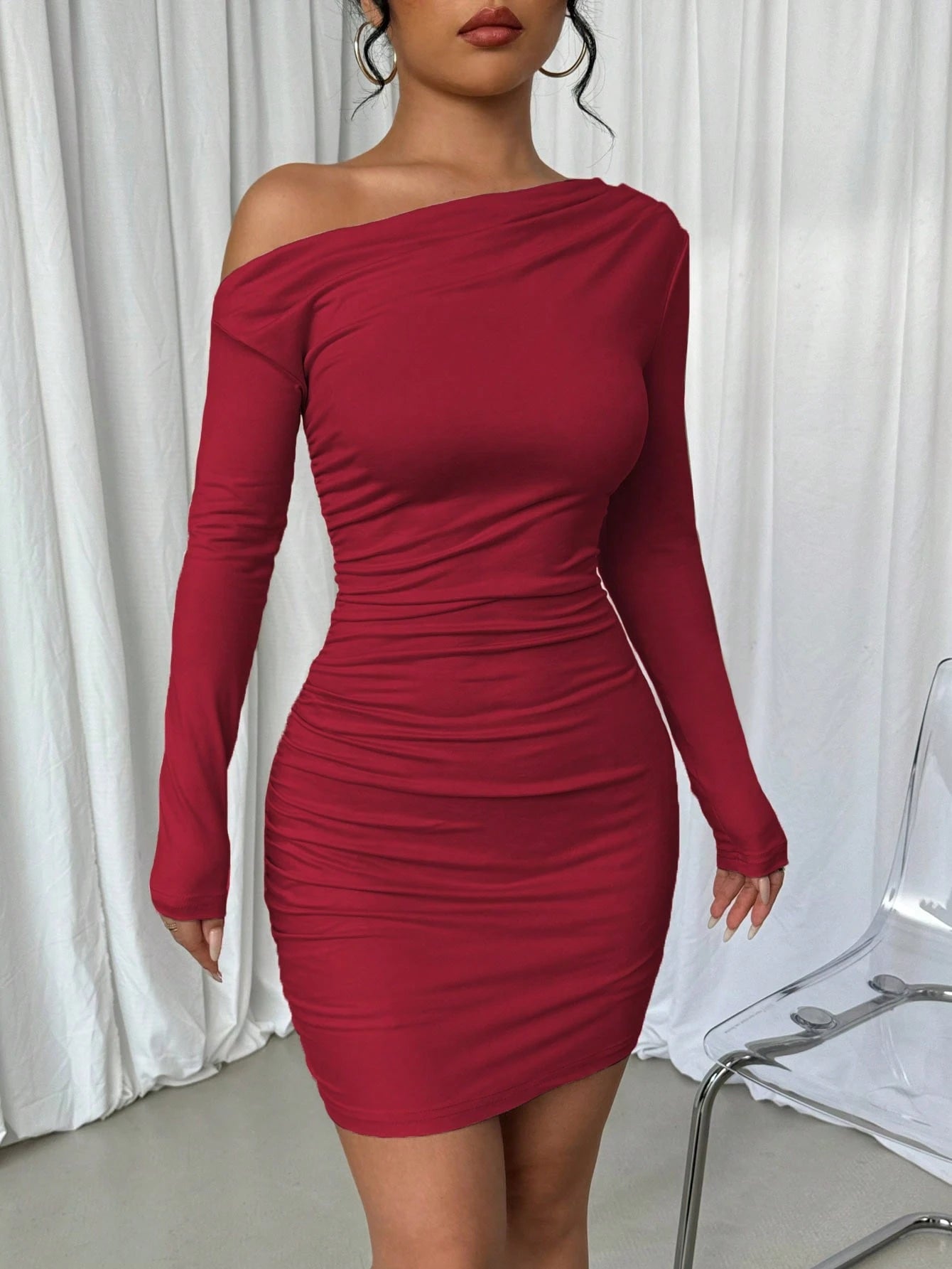 Elenzga Vestido Longo de Manga Longa Assimétrico Franzido de Cor Sólida para Mulheres