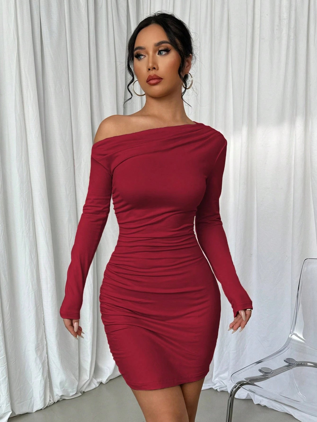 Elenzga Vestido Longo de Manga Longa Assimétrico Franzido de Cor Sólida para Mulheres