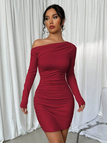 Elenzga Vestido Longo de Manga Longa Assimétrico Franzido de Cor Sólida para Mulheres