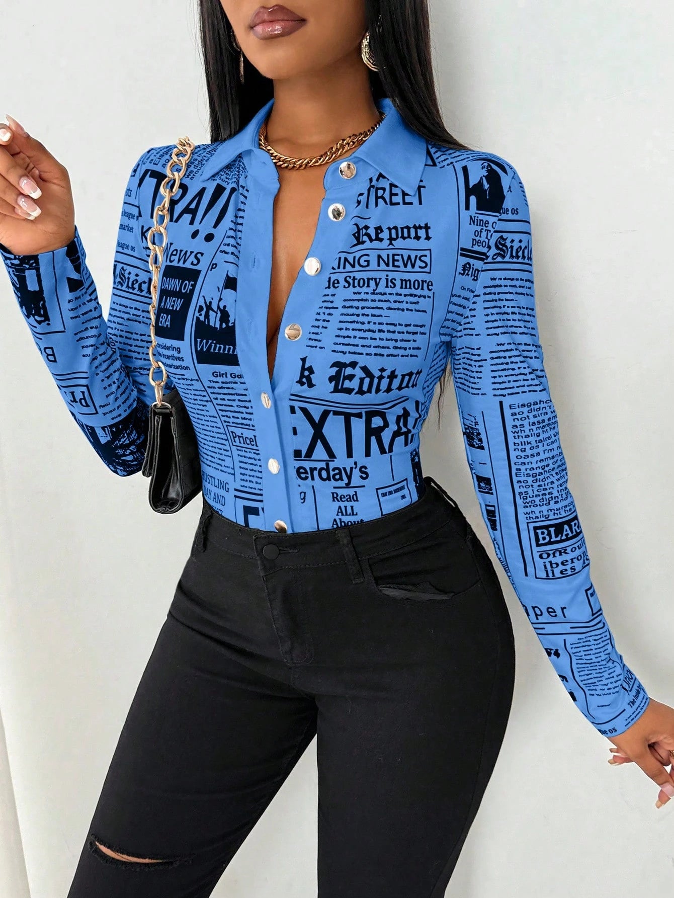 SHEIN LUNE Camisa Ajustada Estampada com Impressão de Jornal para Mulheres