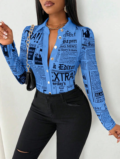 SHEIN LUNE Camisa Ajustada Estampada com Impressão de Jornal para Mulheres