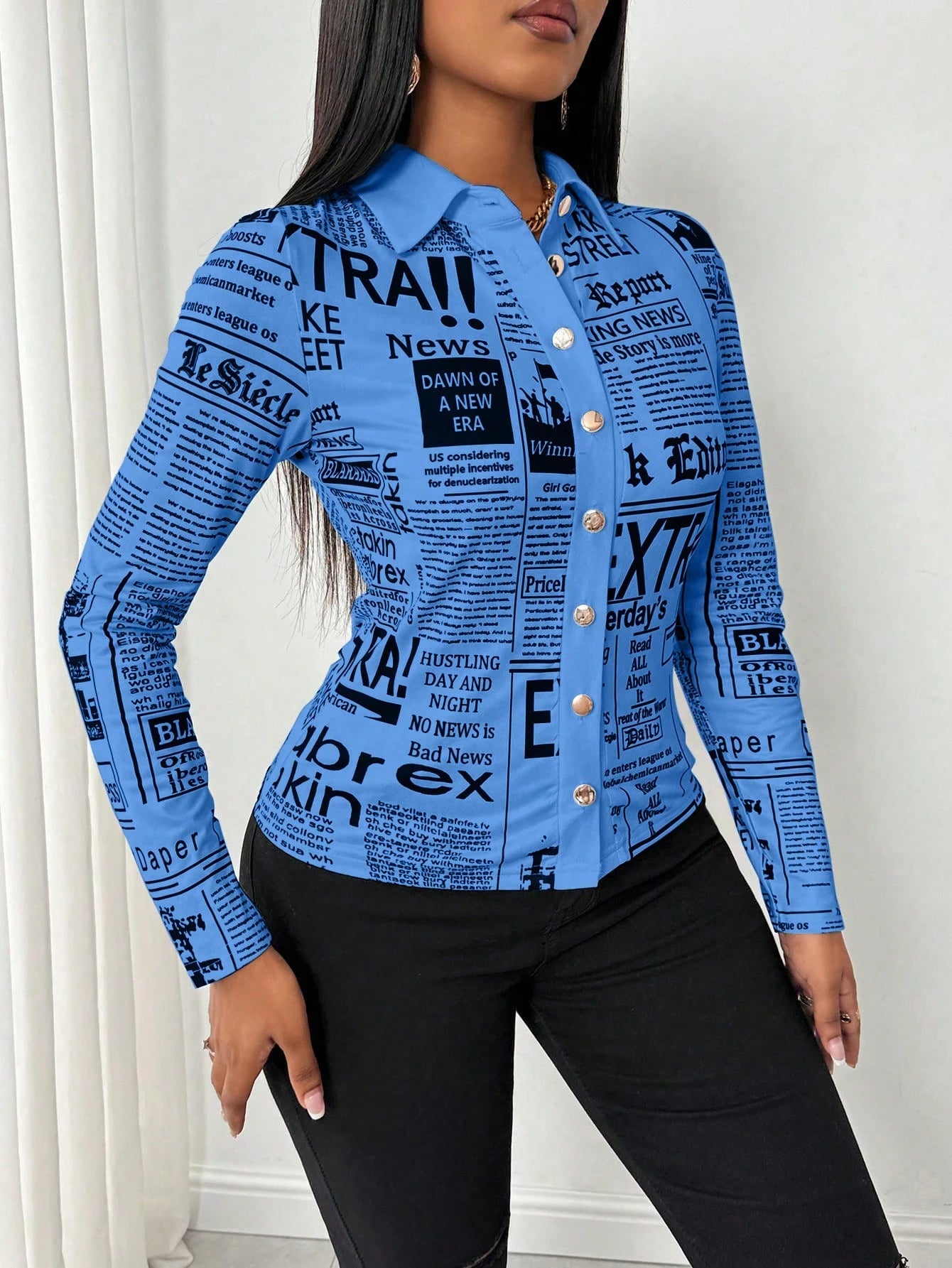 SHEIN LUNE Camisa Ajustada Estampada com Impressão de Jornal para Mulheres