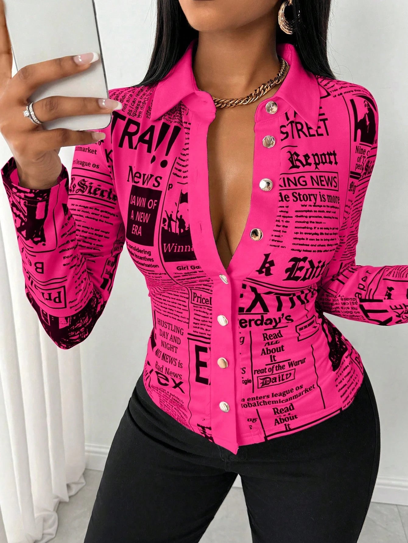SHEIN LUNE Camisa Ajustada Estampada com Impressão de Jornal para Mulheres