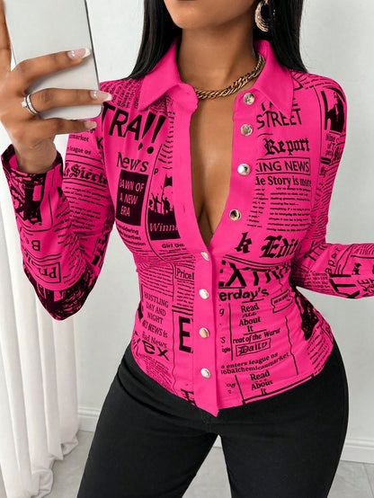 SHEIN LUNE Camisa Ajustada Estampada com Impressão de Jornal para Mulheres