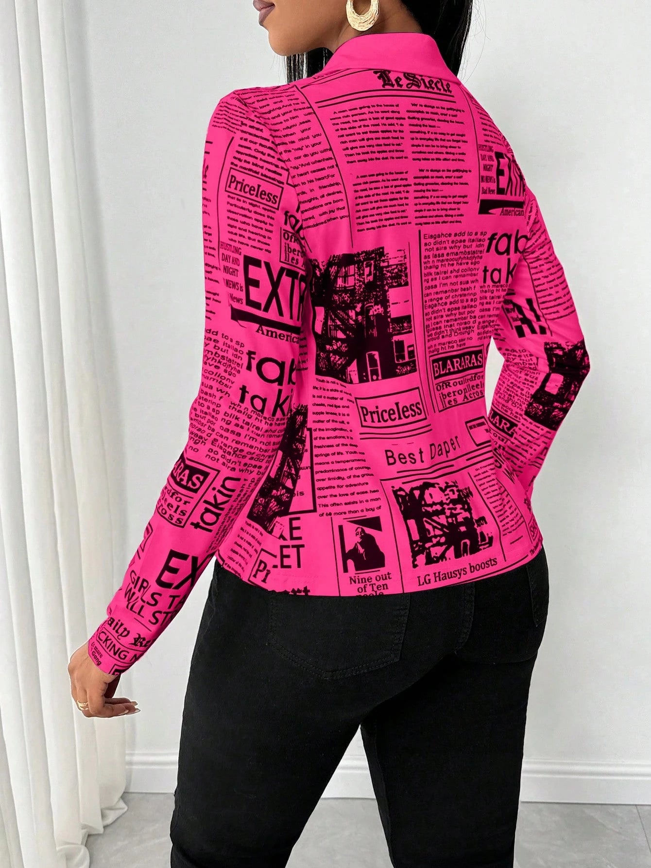 SHEIN LUNE Camisa Ajustada Estampada com Impressão de Jornal para Mulheres