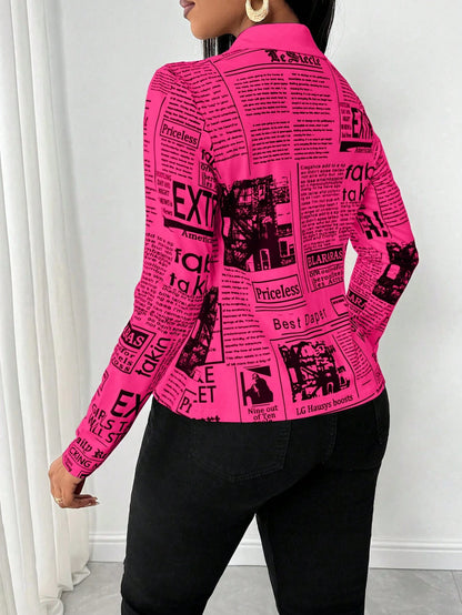 SHEIN LUNE Camisa Ajustada Estampada com Impressão de Jornal para Mulheres