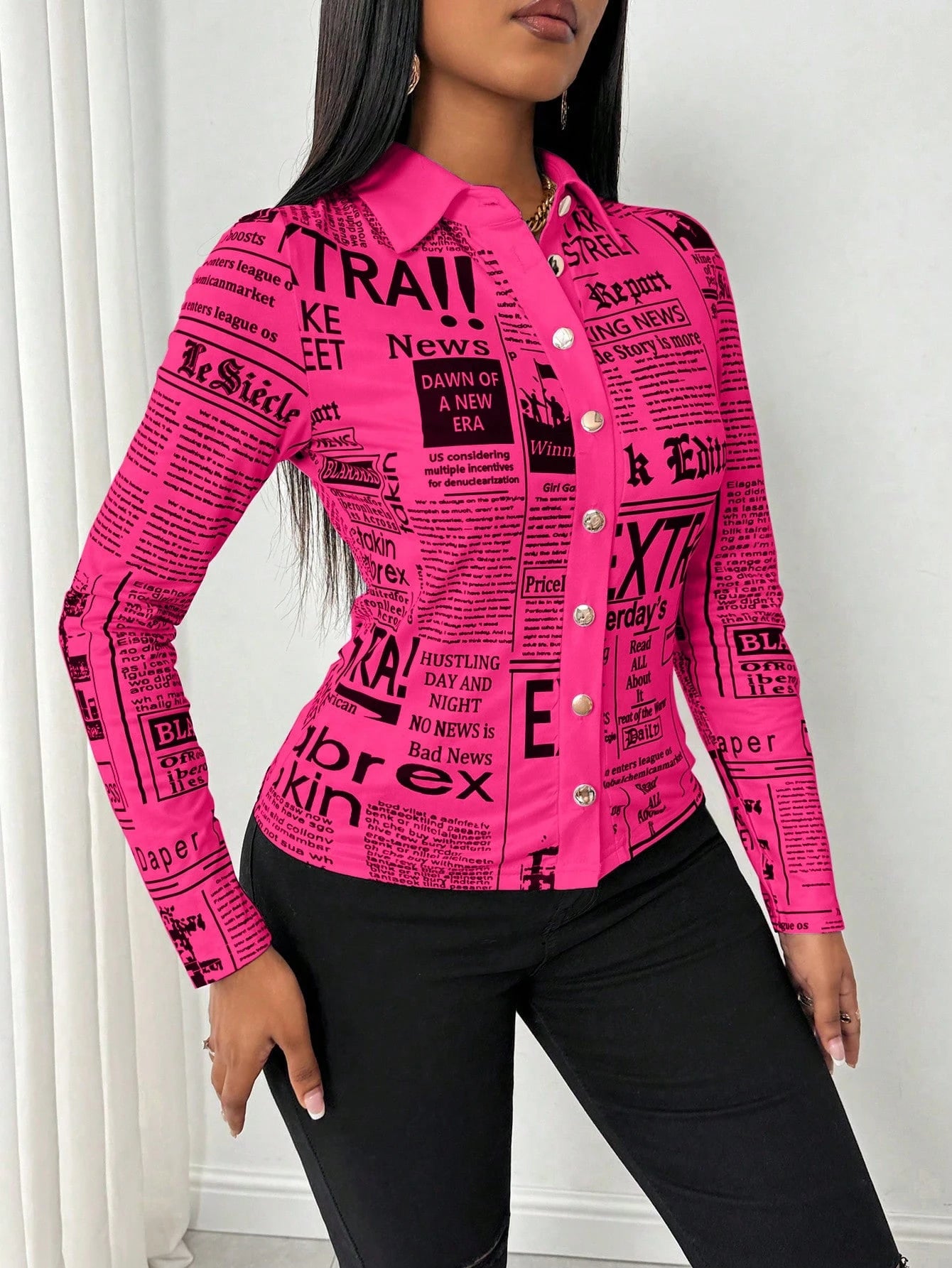 SHEIN LUNE Camisa Ajustada Estampada com Impressão de Jornal para Mulheres