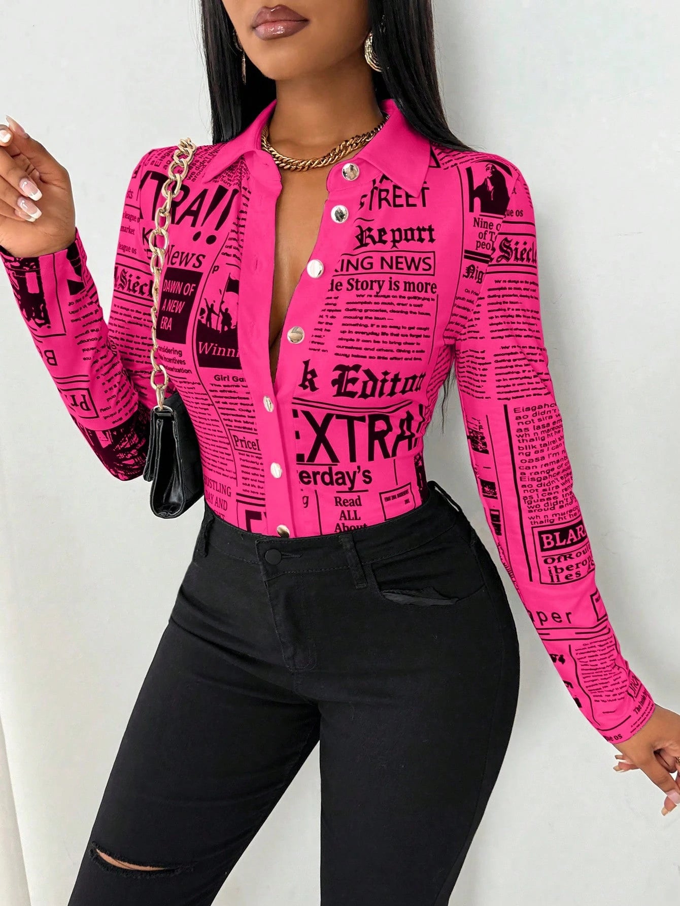 SHEIN LUNE Camisa Ajustada Estampada com Impressão de Jornal para Mulheres